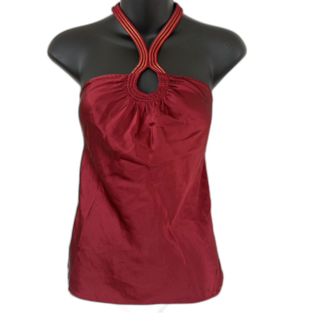 Elie Tahari 100% Silk Halter Top Size S Red Burgundy Keyhole Cami Blouse